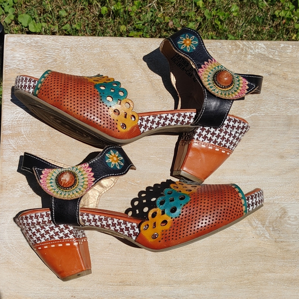Spring Step Multicolor Leather Cutout Block Heel Sandals